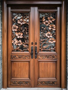 中式雕花实木双开大门