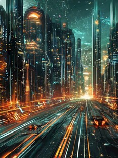 未来都市霓虹下的科技道路