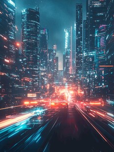 未来都市夜景下的车水马龙