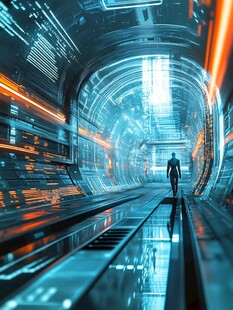 未来科技隧道中的孤独行者