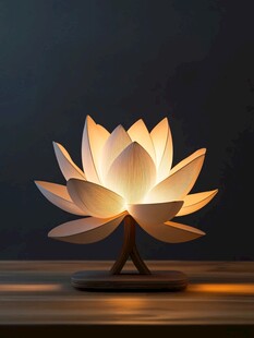 莲花造型木艺台灯点亮瞬间