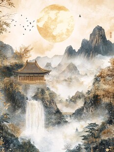 月下山水间的古韵楼阁