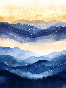 梦幻山川星空水彩绘景