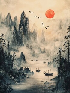夕阳下的山水飞鸟图