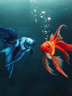 双彩斗鱼水中对视画面