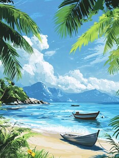 热带海滨风光 静谧小船