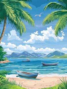 热带海滨风光 静谧渔船画面