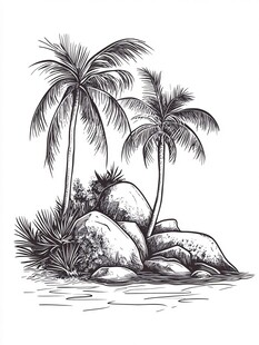 手绘椰树与礁石景观