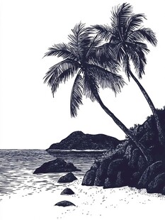 海边椰树景致黑白插画