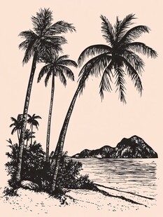 手绘热带海滩棕榈树风景
