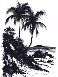 黑白风海边椰林美景