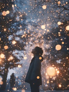 女孩仰赏飘飞梦幻光斑