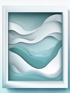 立体纸艺风蓝白色波浪画
