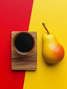 黄红背景上的梨与木杯