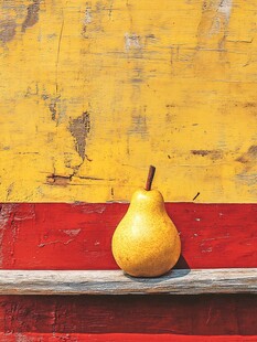 黄梨置于红黄背景木架上