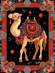华丽装饰骆驼的民族风插画