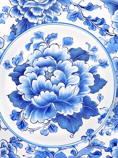 青花瓷盘上的绝美牡丹图