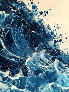 蓝色水墨风格汹涌海浪图