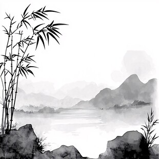 水墨竹林山水图