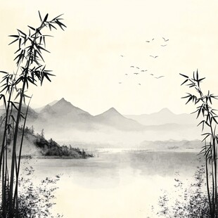 水墨山水间 竹影伴飞鸟