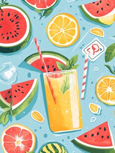 夏日缤纷水果饮品插画