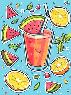 夏日西瓜橙汁插画饮品图