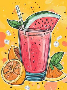 西瓜橙汁特调饮品插画