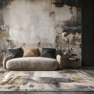 复古风客厅沙发与艺术墙饰