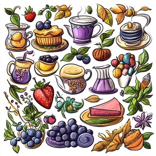 手绘美味茶饮与水果甜点