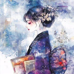 古风女子持书侧影绘卷