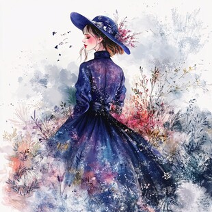 梦幻蓝裙少女置身花草间