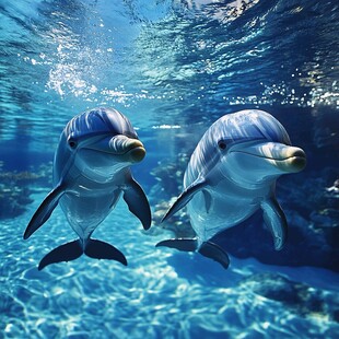 双海豚悠游于清澈海水中