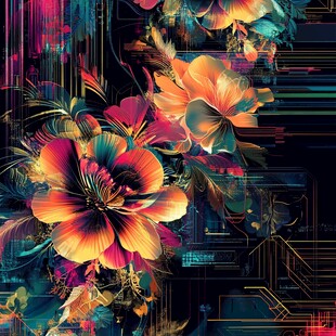绚丽花卉与科技风融合图案