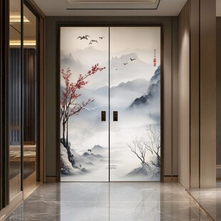 中式山水双开柜门装饰画