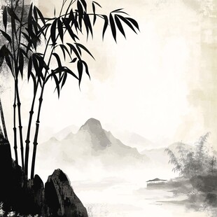 水墨竹影伴远山意境图