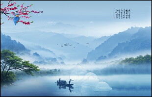 蓝色山水画