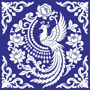 蓝底白凤花卉传统图案