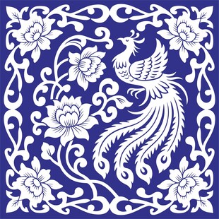 蓝白凤凰花卉传统图案