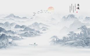 新中式禅意水墨山水画背景墙壁纸
