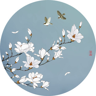 新中式手绘玉笔花鸟圆形装饰画