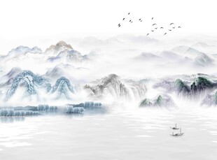 新中式蓝调山水画岩板定制图案