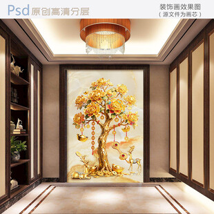 中式玄关处的精美发财树壁画