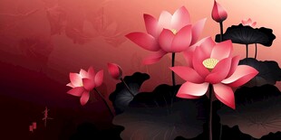 水墨风盛开的娇艳红莲花