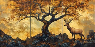 秋日孤树旁的雄鹿