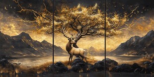 梦幻神鹿立于奇幻山水间