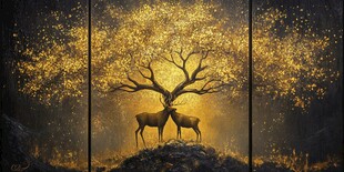 金色神树旁的双鹿奇幻景象