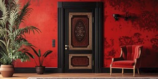 复古红墙前的精致入户门