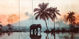 夕阳下的大象与椰林美景