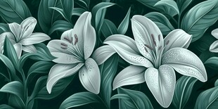 白色百合花与绿叶插画