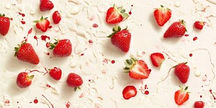 草莓洒落奶油上的甜蜜画面